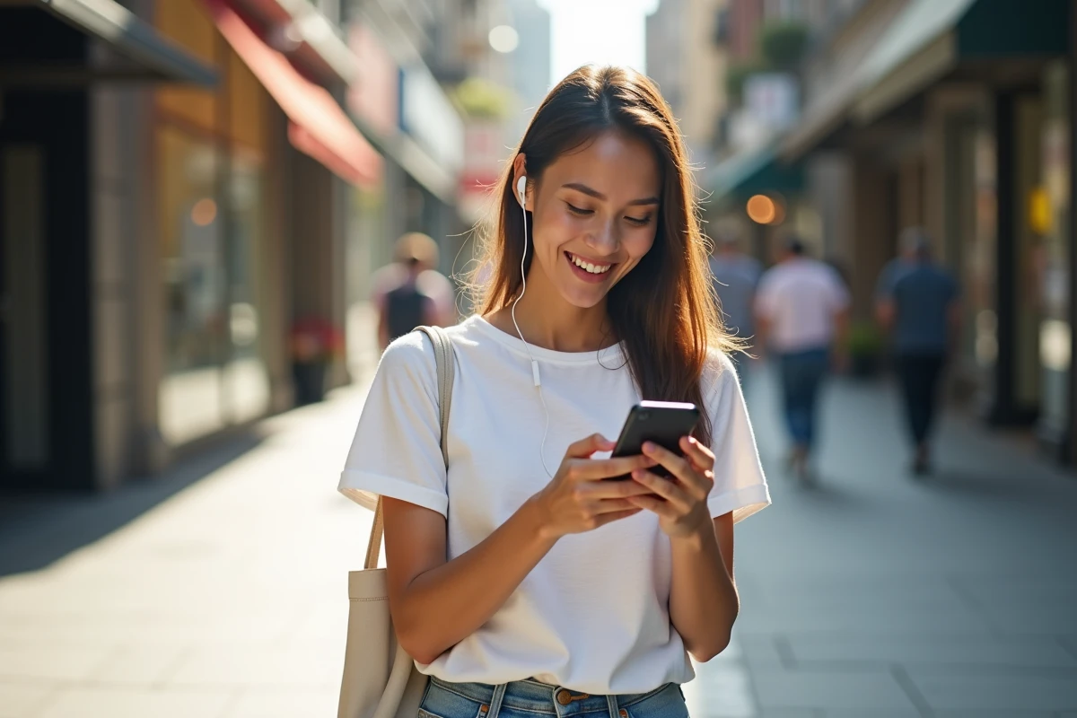 Jeune femme recevant un SMS promotionnel dans la rue en ville