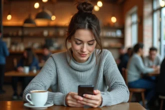 Femme consultant ses abonnements SMS sur smartphone dans un café urbain