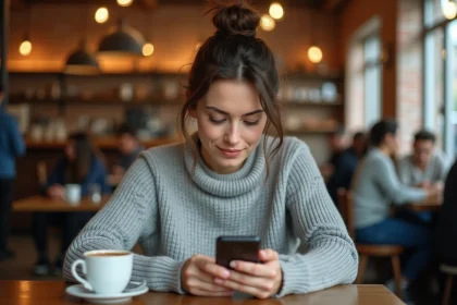 Femme consultant ses abonnements SMS sur smartphone dans un café urbain