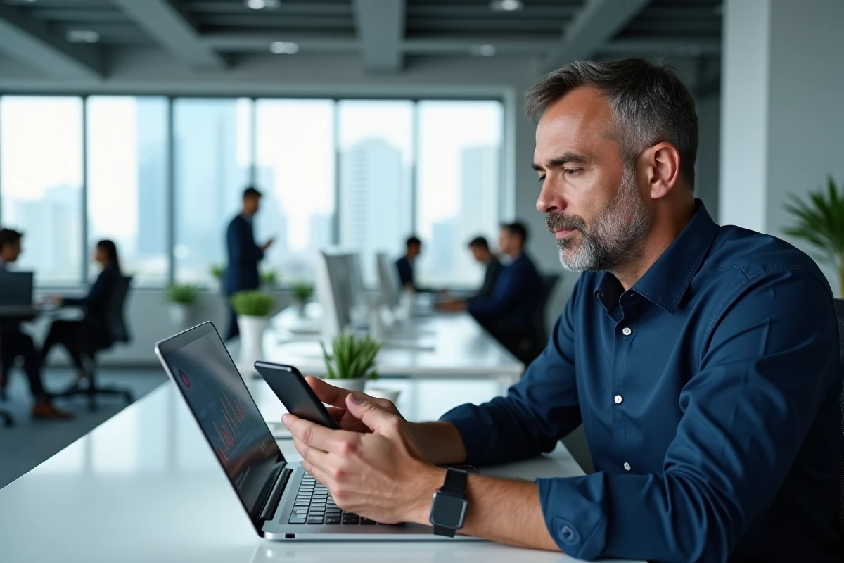 Professionnel gérant une liste d'abonnés SMS sur ordinateur portable au bureau