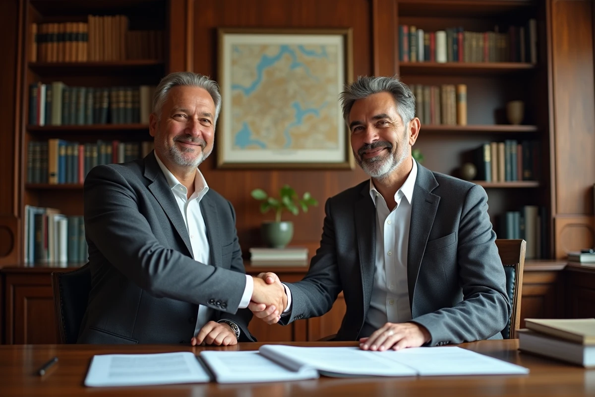 Deux professionnels concluant un accord de cession d'entreprise avec une poignée de main