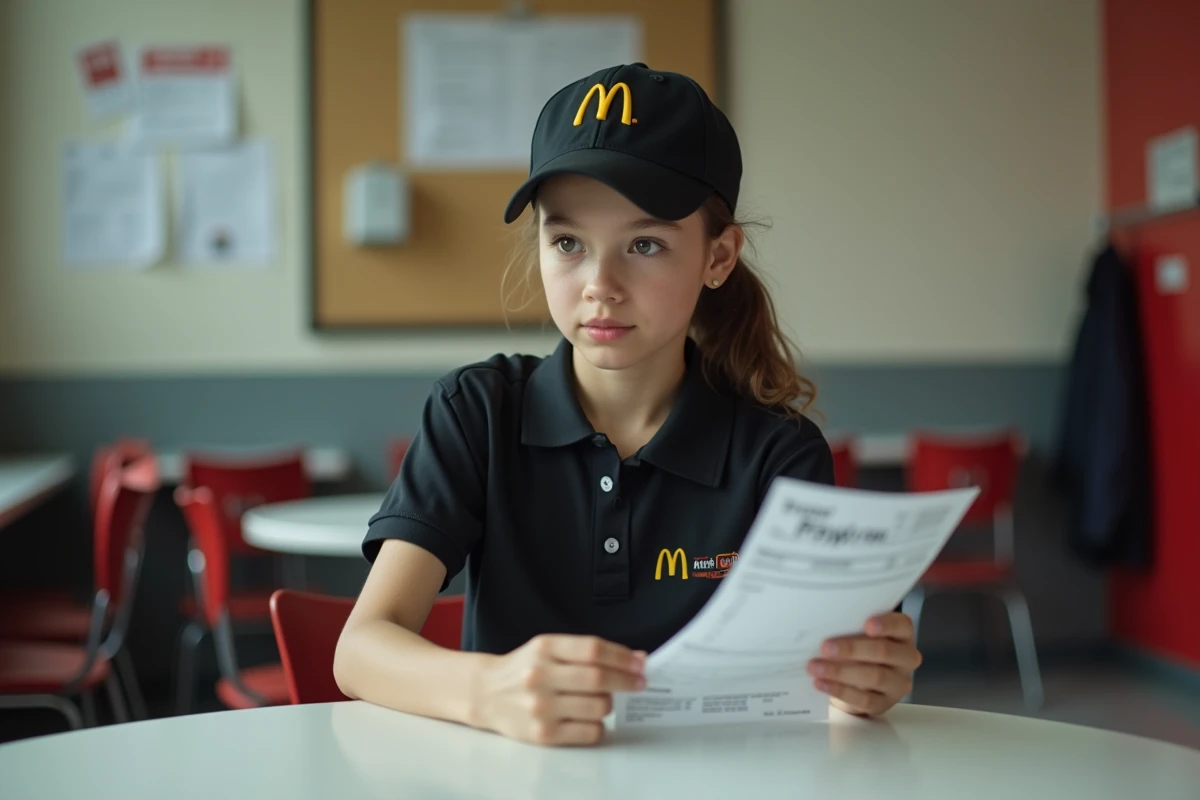 Adolescente de 16 ans consultant sa fiche de paie dans la salle de pause d'un McDonald's