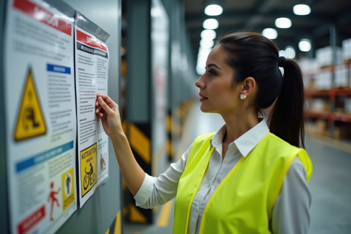 Employée affichant une note de service avec consignes de sécurité sur un panneau d'affichage dans un entrepôt industriel