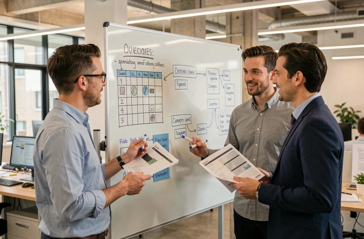 Équipe de l'agence Agent de Com collaborant sur une stratégie de communication dans leurs bureaux du Val-de-Marne