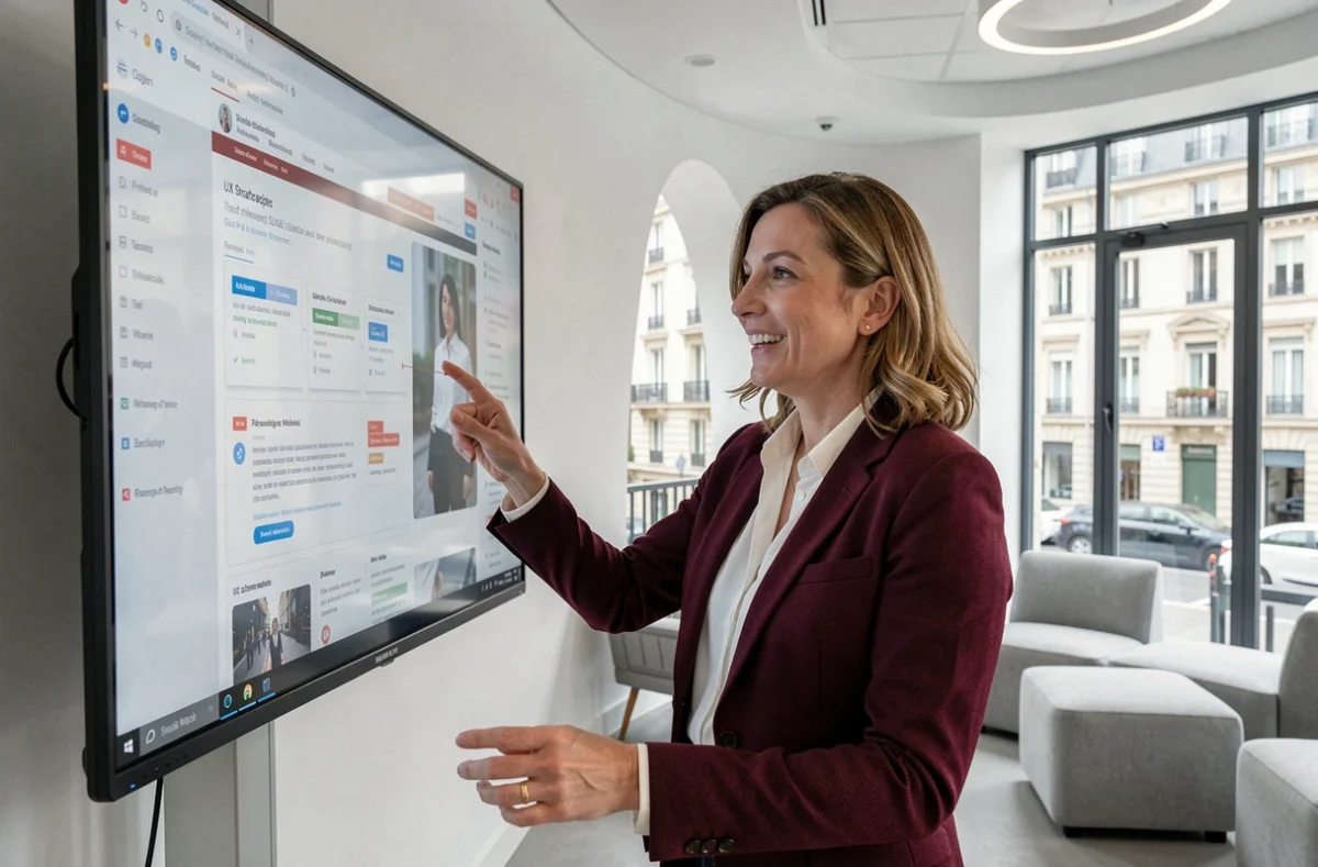 Stratège UX de l'Agence Aurion présentant un prototype de site internet innovant et complexe sur écran tactile