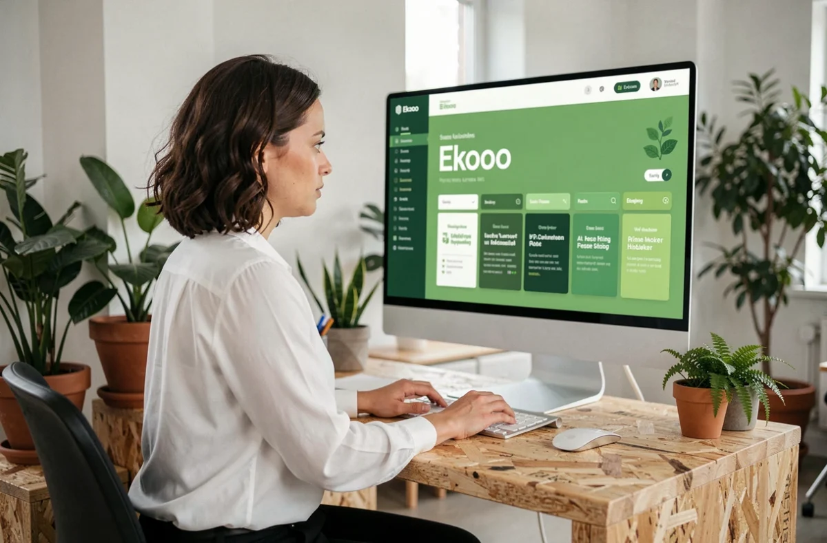 Professionnelle travaillant dans les bureaux de l'agence Ekooo, spécialisée en marketing digital éco-responsable dans le Val-de-Marne