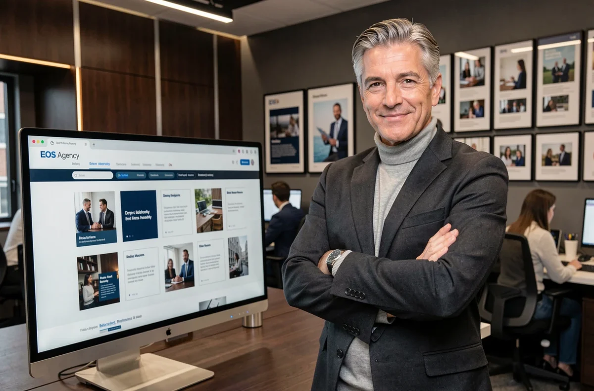Directeur créatif de l'agence EOS Agency présentant un projet d'identité de marque dans un bureau haut de gamme