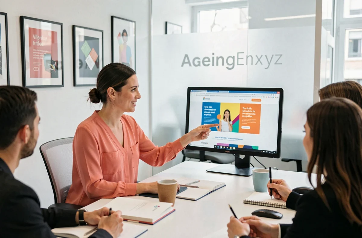 Professionnelle de l'agence Euphorie présentant un projet web à son équipe dans un bureau moderne