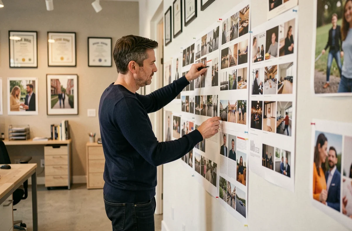 Directeur créatif de l'agence Good Eye'd analysant des planches visuelles dans un studio créatif du Val-de-Marne
