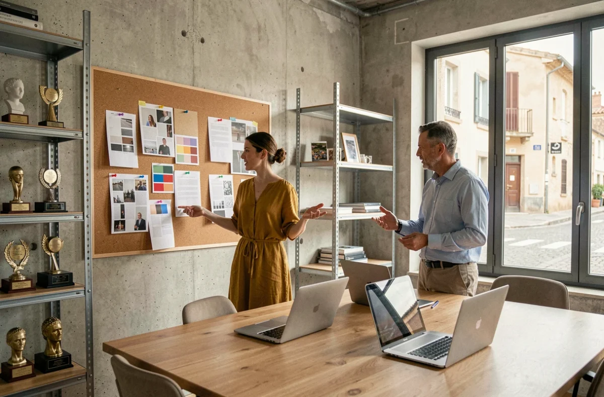 L'équipe créative de l'agence Idéematic en train d'analyser des planches d'inspiration dans leur studio