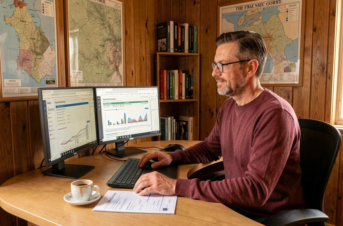 Expert SEO de l'agence Ixiweb analysant des données analytiques dans un bureau chaleureux aux accents basques