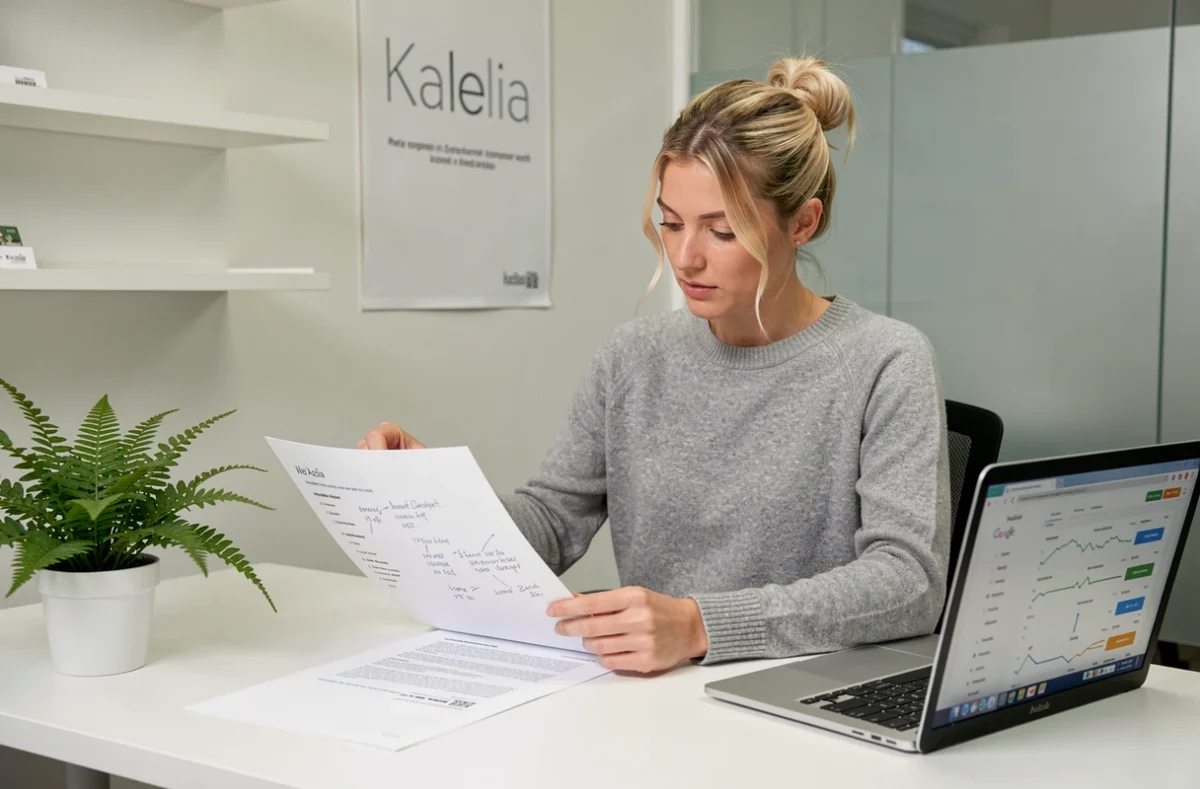 Analyste de l'agence Kalelia révisant un audit web imprimé dans un espace de travail épuré et minimaliste
