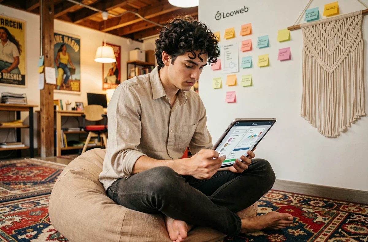 Designer UX de l'agence Looweb travaillant sur une interface mobile dans un espace créatif décontracté