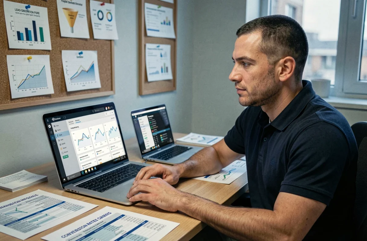 Spécialiste en génération de leads de l'agence MyLeads analysant des données de conversion dans son bureau du Val-de-Marne