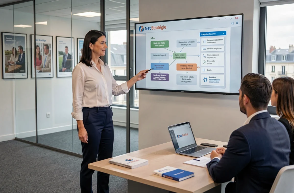 Directrice de projet chez Net Stratégie présentant une feuille de route marketing digital à des clients