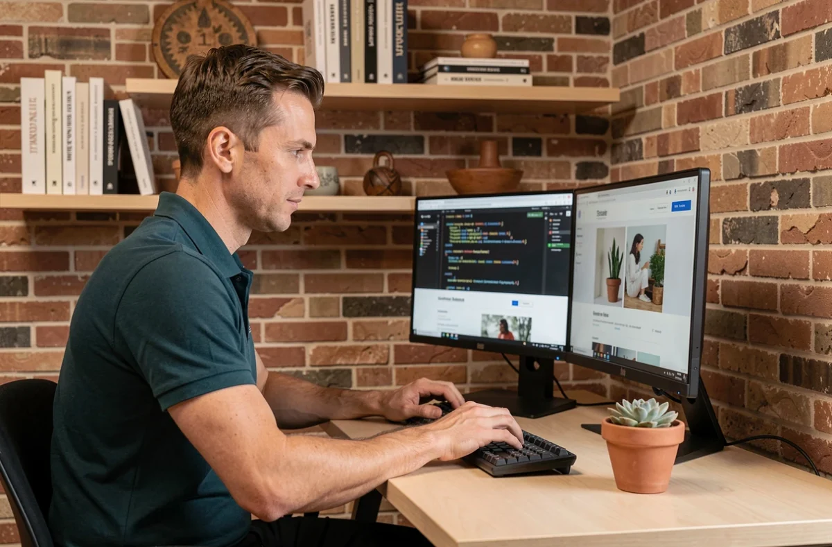 Développeur de l'agence Quinteba travaillant sur une interface e-commerce dans un bureau au style basque