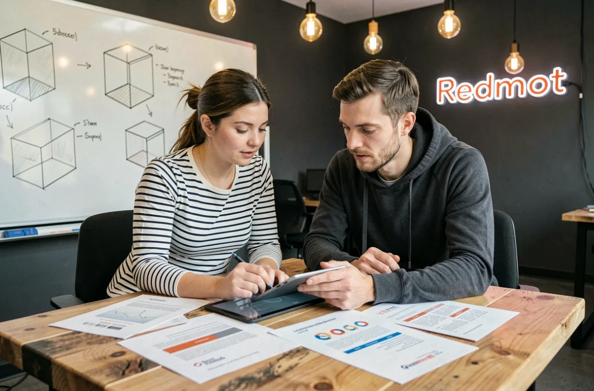 Deux membres de l'agence Redmoot collaborant sur une stratégie de marque autour d'une table en bois