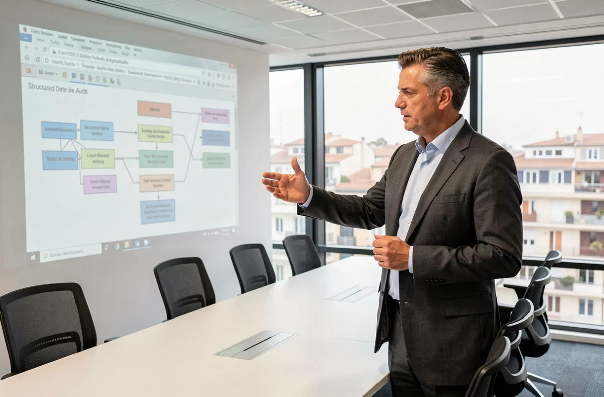 Chef de projet de l'agence Sweep présentant un audit technique SEO en salle de réunion moderne