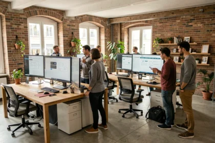 Équipe d'une agence de création de sites internet dans la Sarthe travaillant sur des projets web en 2026