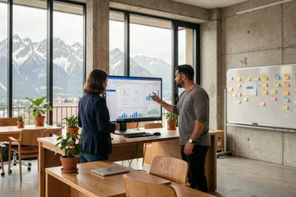 Équipe d'une agence web dans les Pyrénées-Atlantiques travaillant autour d'un écran avec les montagnes en arrière-plan