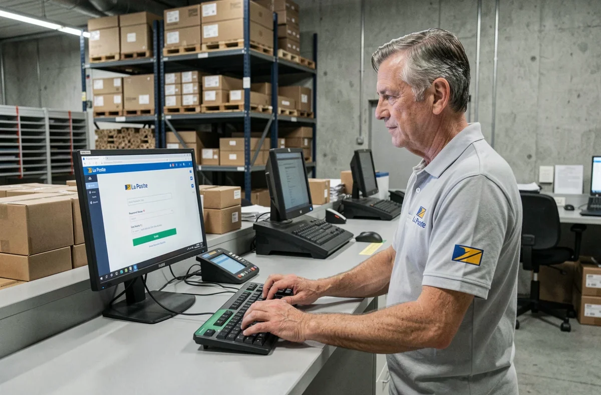 Agent postal en tenue de travail récupérant l'accès à son compte GTM extra La Poste sur un poste de travail de centre de tri