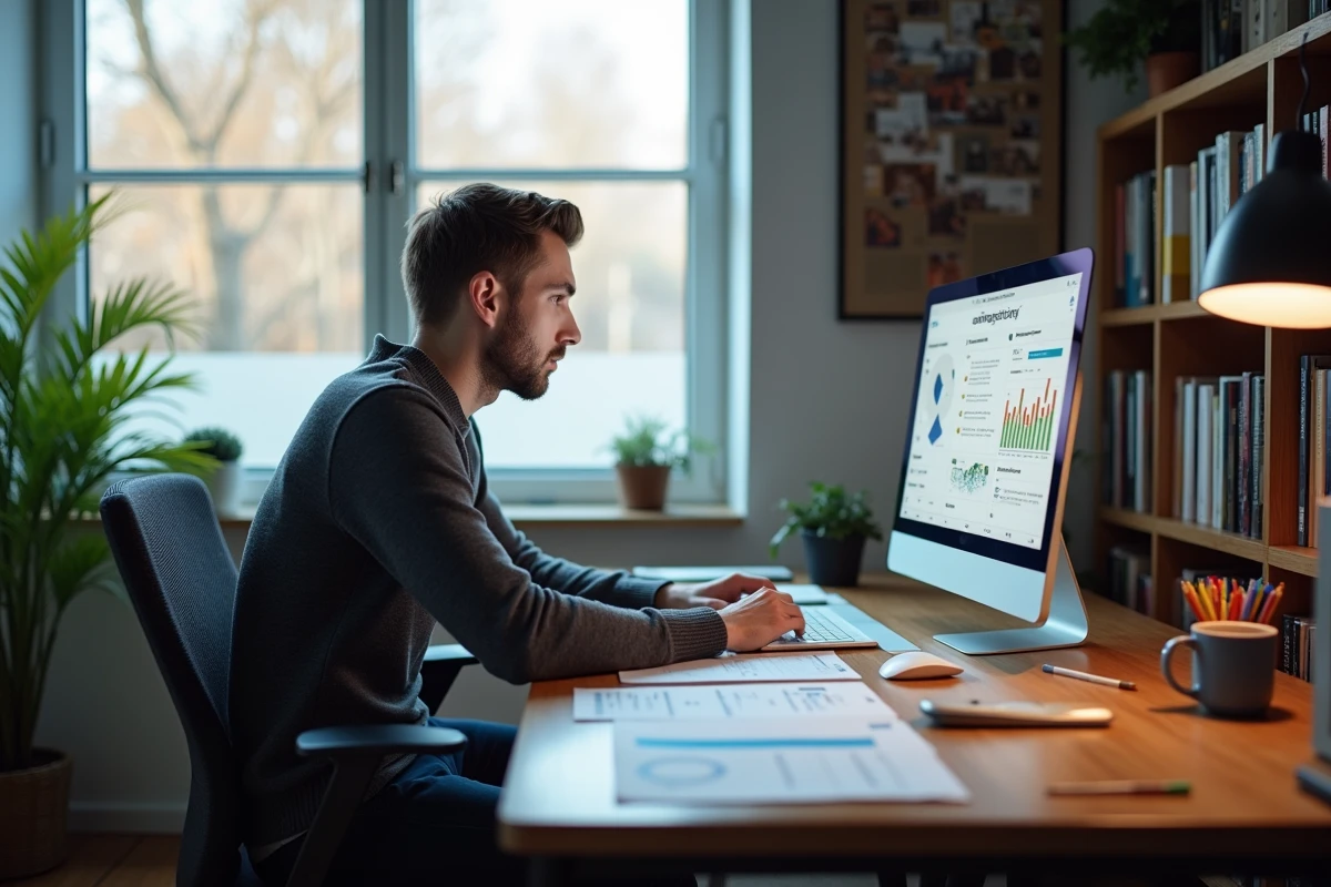 Jeune homme analysant des données marketing sur un ordinateur portable dans un bureau à domicile