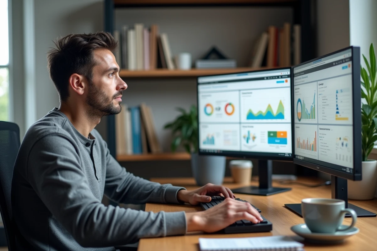 Spécialiste en marketing digital analysant des données et métriques sur deux écrans dans un bureau à domicile