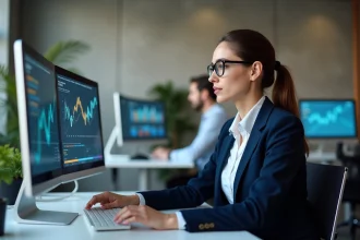 Une professionnelle analyse les tableaux de bord de réputation en ligne sur deux écrans dans un bureau moderne