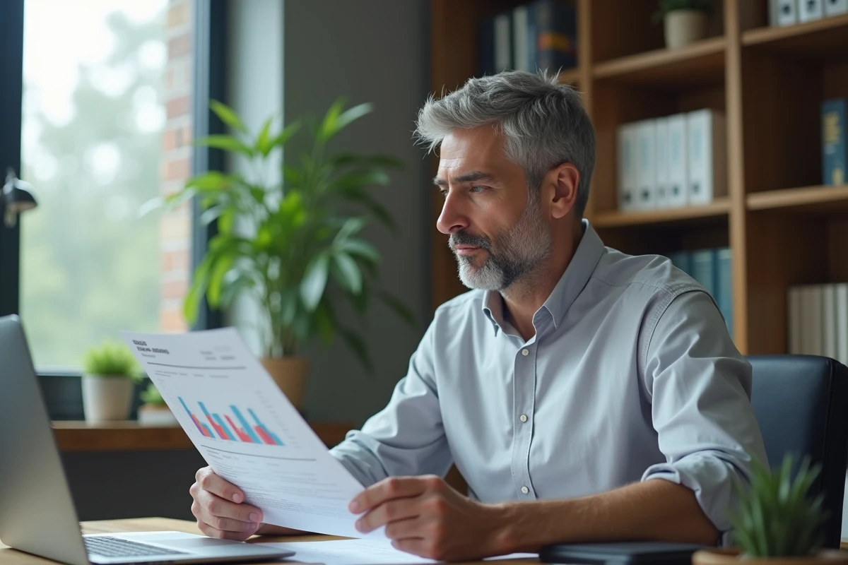 Homme d'affaires étudiant un document de conformité ISO 26000 sur la gouvernance et les pratiques responsables à son bureau