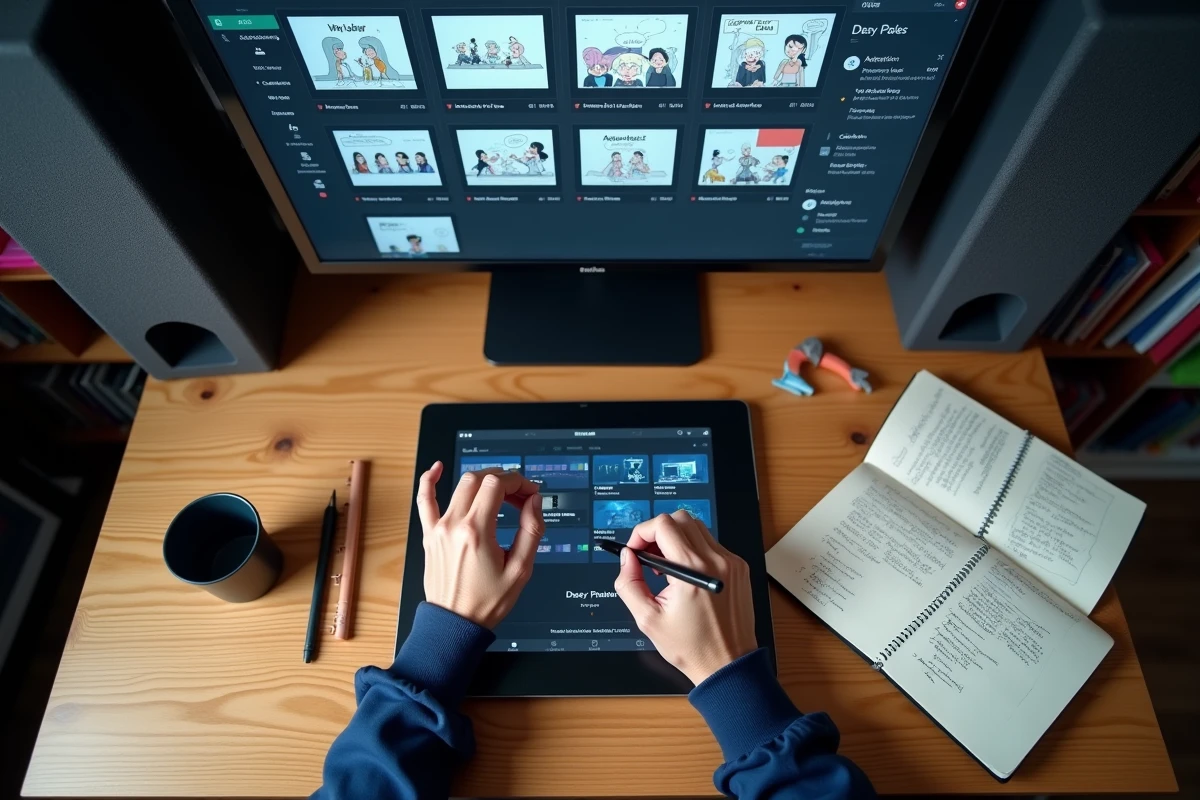 Mains d'un animateur utilisant une tablette graphique pour sélectionner des presets After Effects sur le tableau de bord Elements Envato