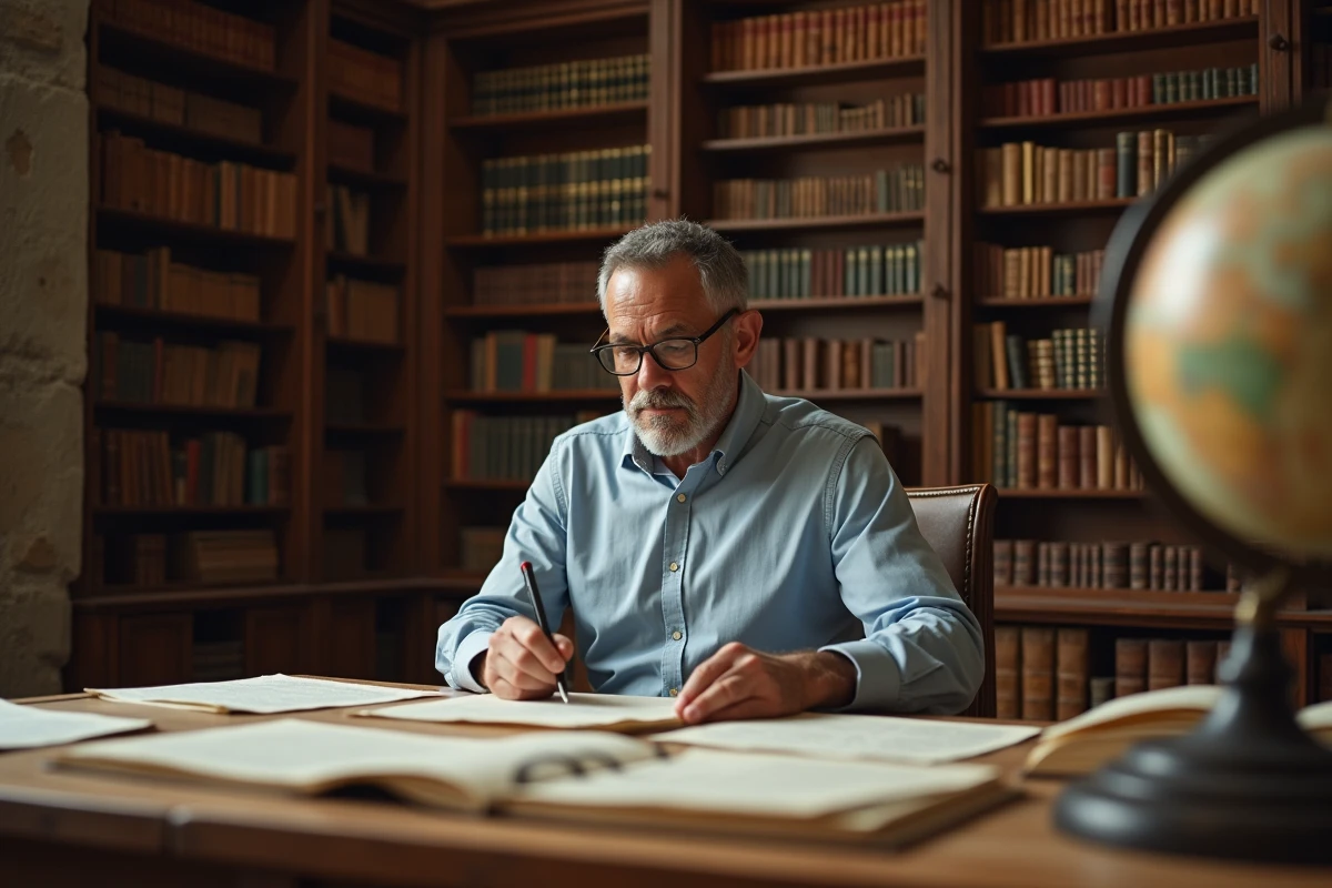 Archiviste travaillant sur des documents historiques dans l'arrière-salle d'une bibliothèque patrimoniale