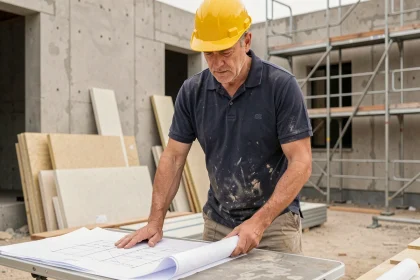 Artisan du BTP consultant des plans sur un chantier de construction résidentiel en 2026