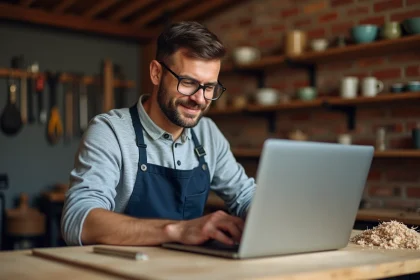 Artisan homme inscrivant son profil en ligne sur un ordinateur portable dans un atelier authentique avec des outils et briques apparentes