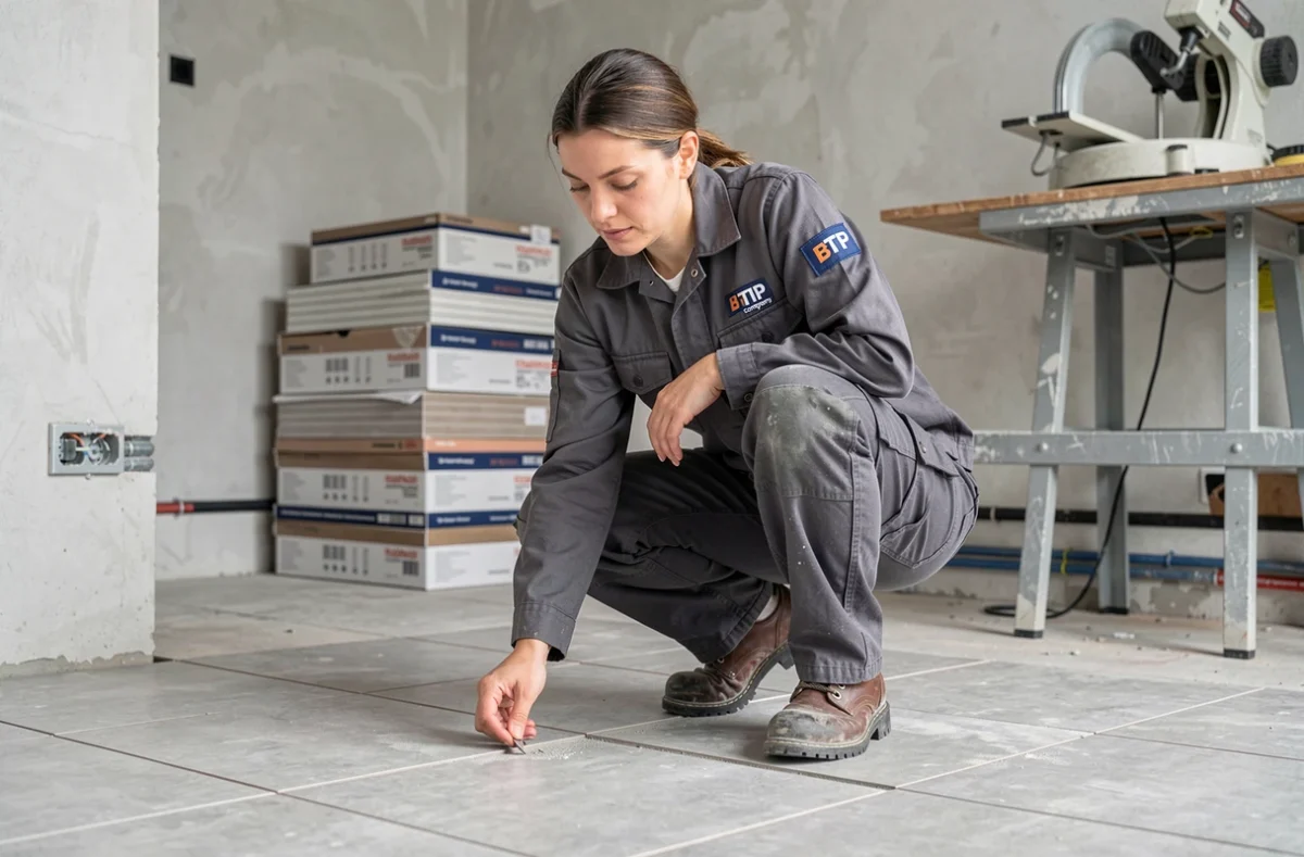 Artisane du BTP inspectant la pose de carrelage lors d'une rénovation intérieure