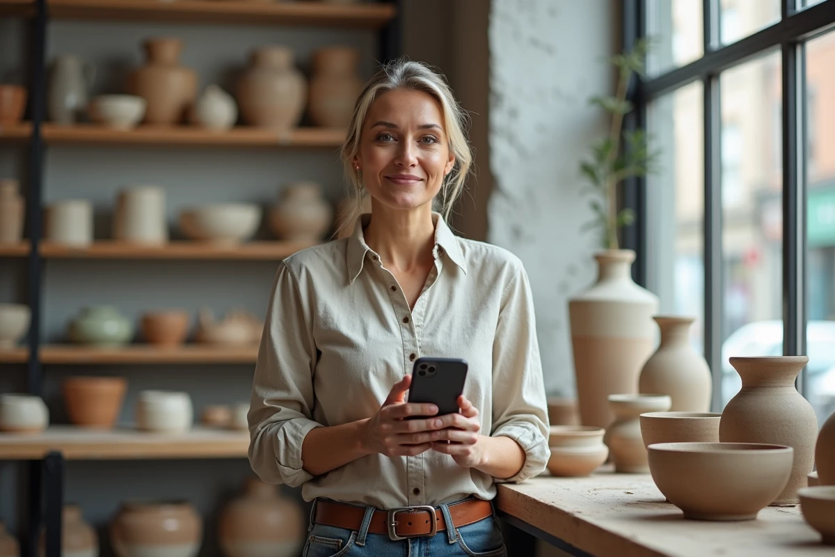 Artisane céramiste présentant son profil professionnel sur smartphone dans un atelier de poterie moderne