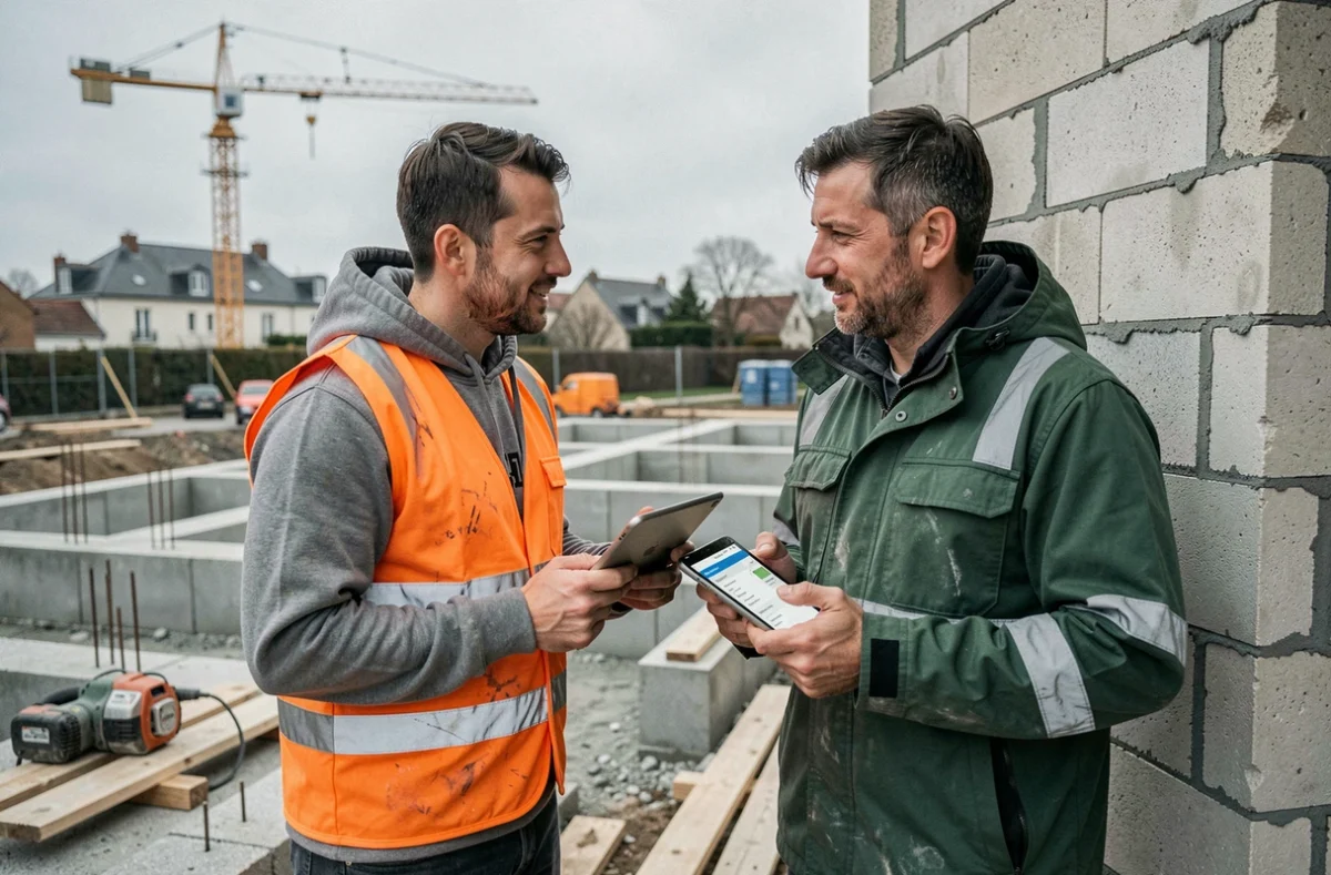 Deux artisans BTP discutant d'un projet avec des tablettes numériques sur un chantier urbain