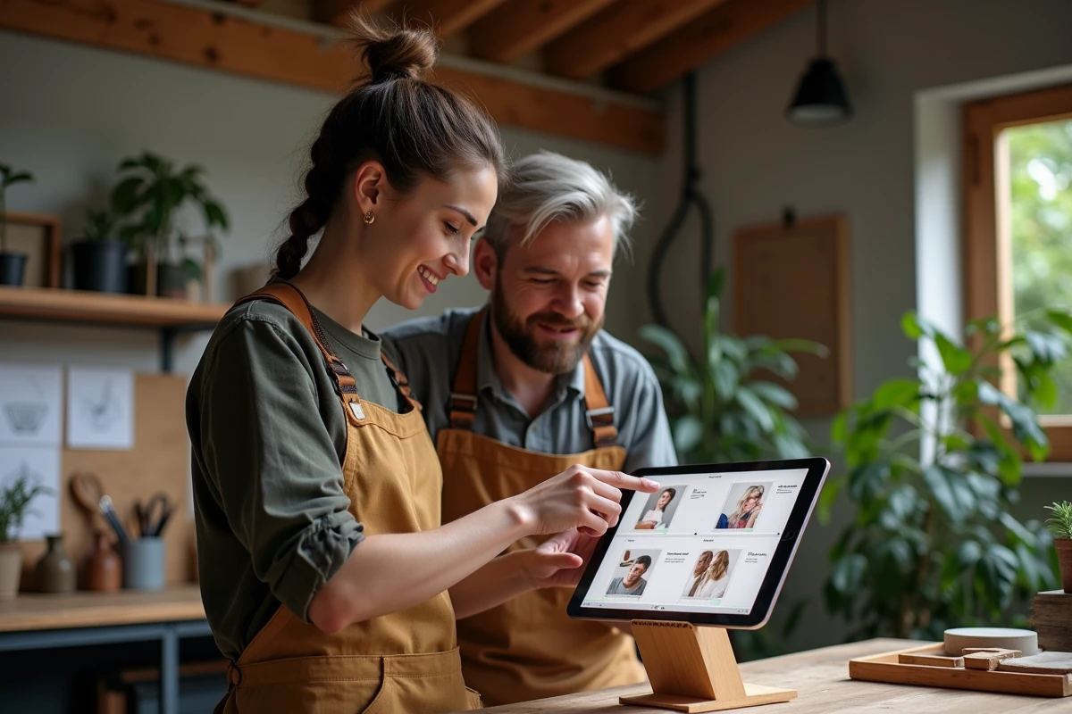 Deux artisans collaborant sur une tablette pour se démarquer dans un annuaire en ligne dans un espace de travail partagé