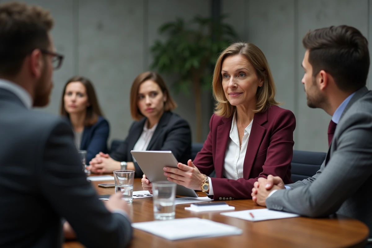 Femme d'affaires écoutant attentivement un collègue lors d'un atelier de networking B2B en salle de conférence