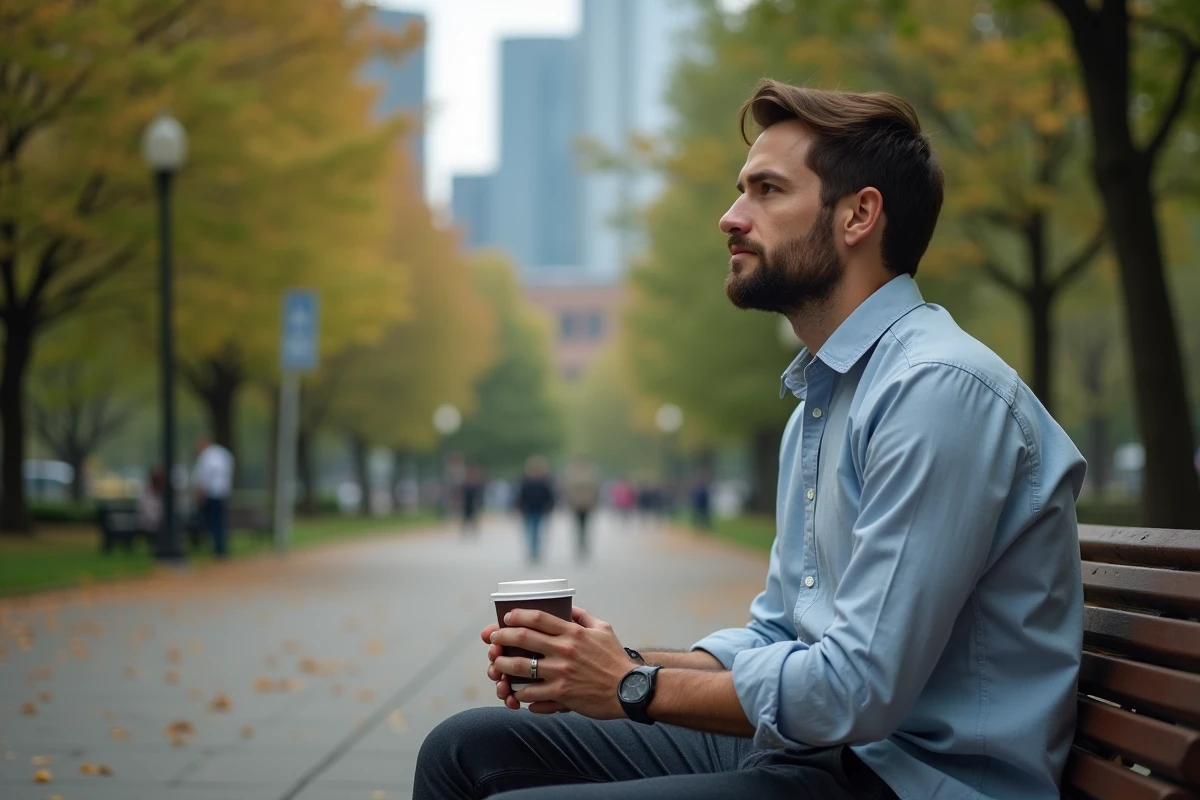 Jeune auditeur d'un cabinet Big 4 prenant une pause méridienne dans un parc urbain, réfléchissant à l'équilibre entre vie professionnelle et vie personnelle
