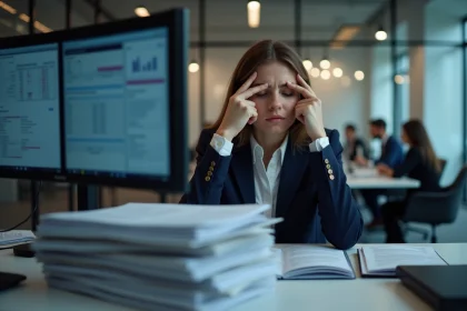Consultante en audit d'un Big 4 épuisée à son bureau tard le soir, entourée de dossiers et d'écrans, illustrant les défis du work-life balance dans un cabinet d'audit