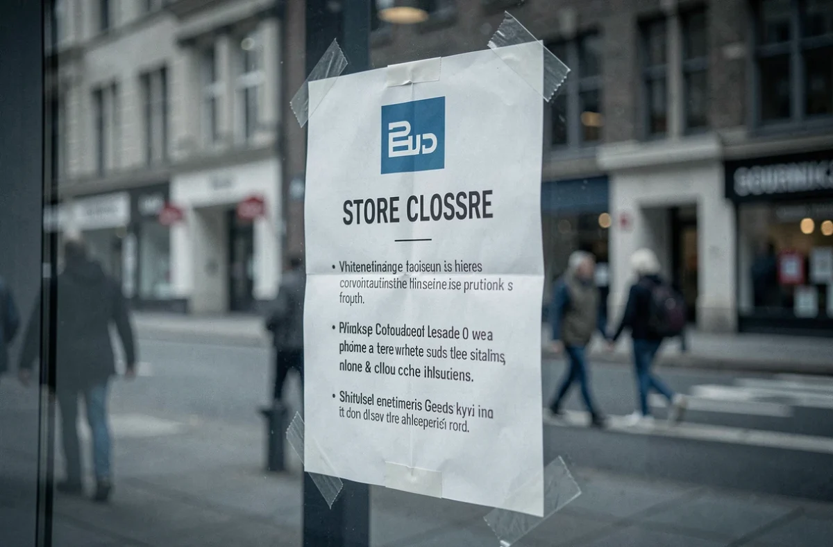 Avis de fermeture de magasin affiché sur une vitrine en verre avec reflets urbains