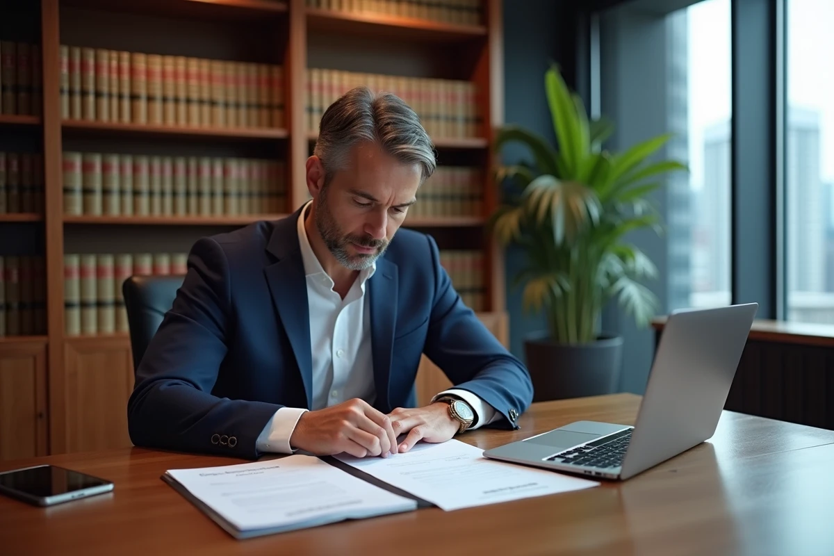 Avocat spécialisé en propriété intellectuelle révisant des documents juridiques relatifs à l'utilisation de logos de marques horlogères dans des maquettes