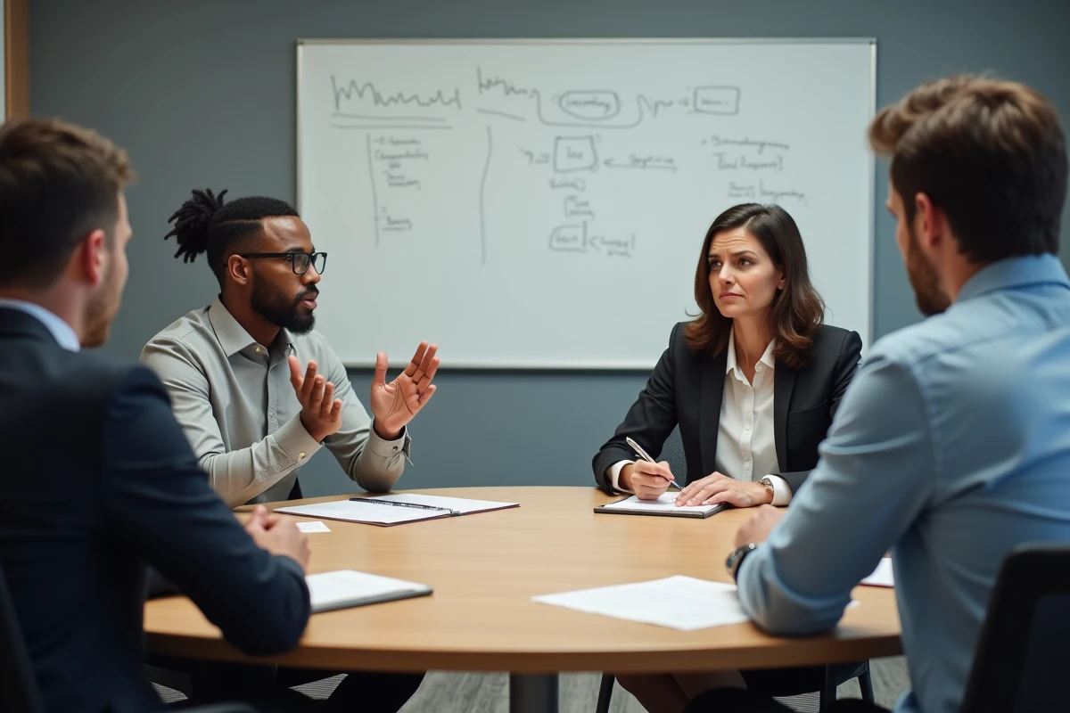 Groupe de professionnels en réunion montrant des signes de mauvaise communication et de malentendus