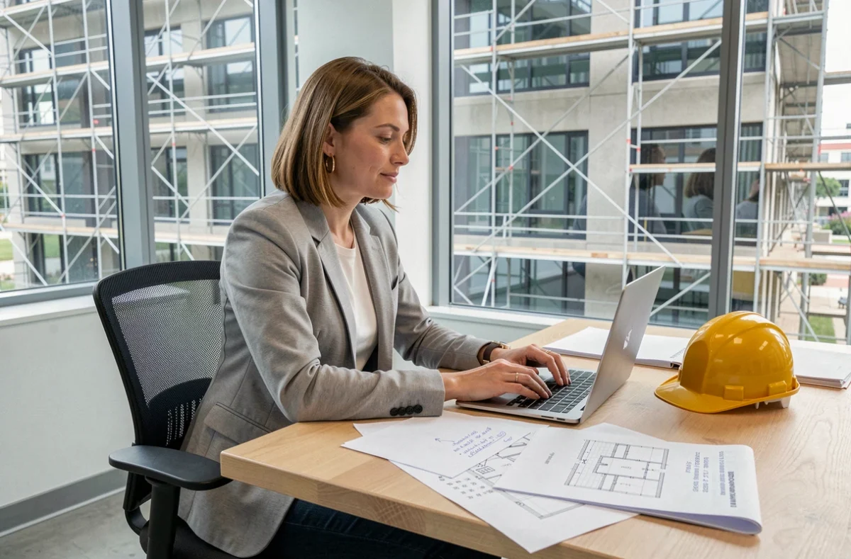 Femme dans un bureau de chantier consultant des documents et contactant Turbotravaux en ligne pour un problème de travaux