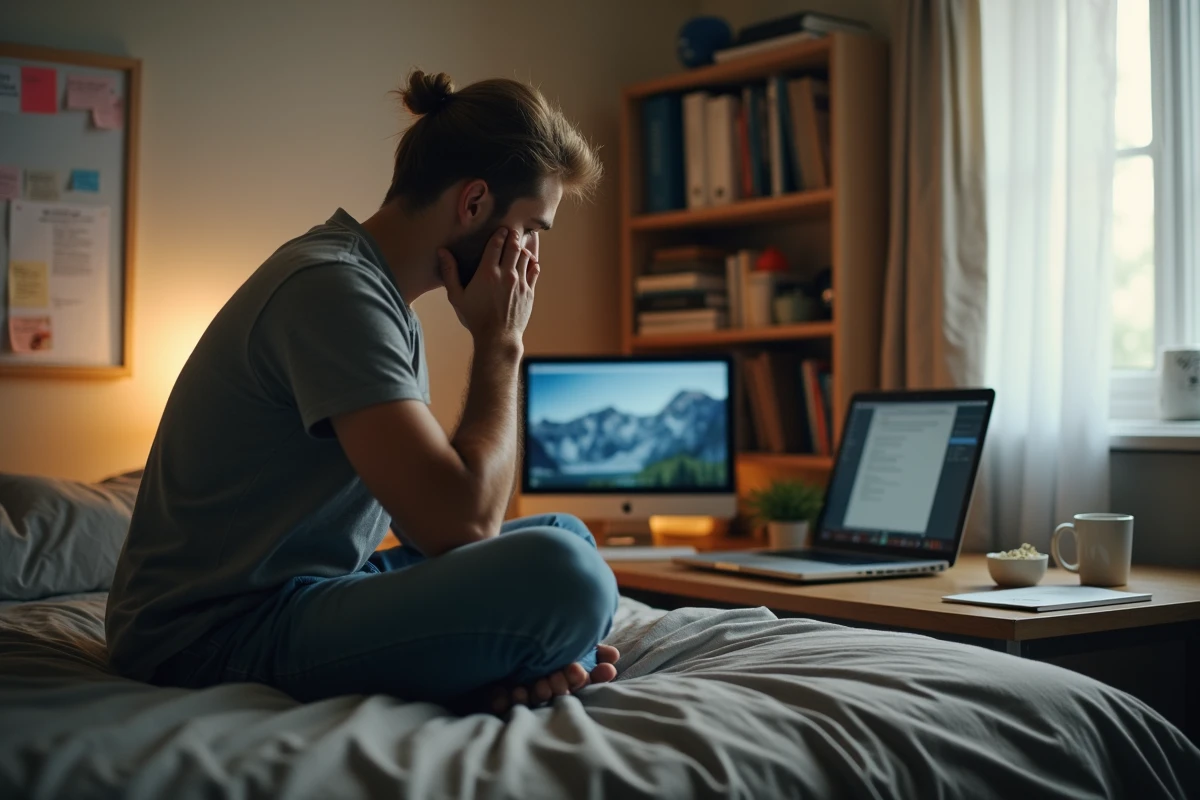 Personne assise au bord d'un lit dans un bureau à domicile, tête baissée et ordinateur portable ignoré en arrière-plan, évoquant le burnout et l'absence d'envie de travailler