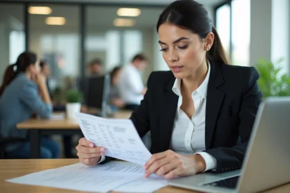 Femme en entreprise calculant des heures supplémentaires sur un ordinateur portable avec une feuille de temps imprimée