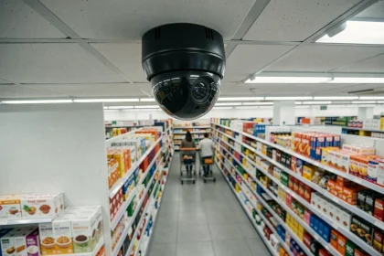 Caméra de surveillance en dôme installée au plafond d'un supermarché surveillant les allées de rayons