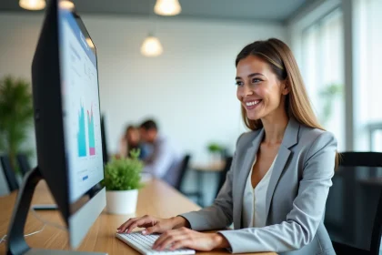 Femme professionnelle analysant les performances d'une campagne publicitaire Facebook sur un écran d'ordinateur dans un bureau moderne