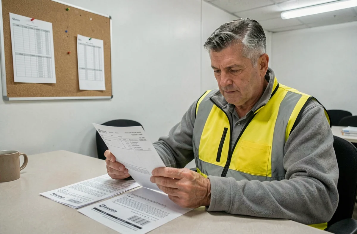 Chauffeur routier consultant sa fiche de paie et son contrat de travail dans la salle de pause d'une entreprise de transport