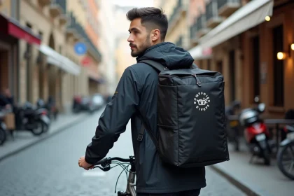 Jeune homme équipé d'un sac à dos de livraison Uber Eats à vélo dans une rue urbaine